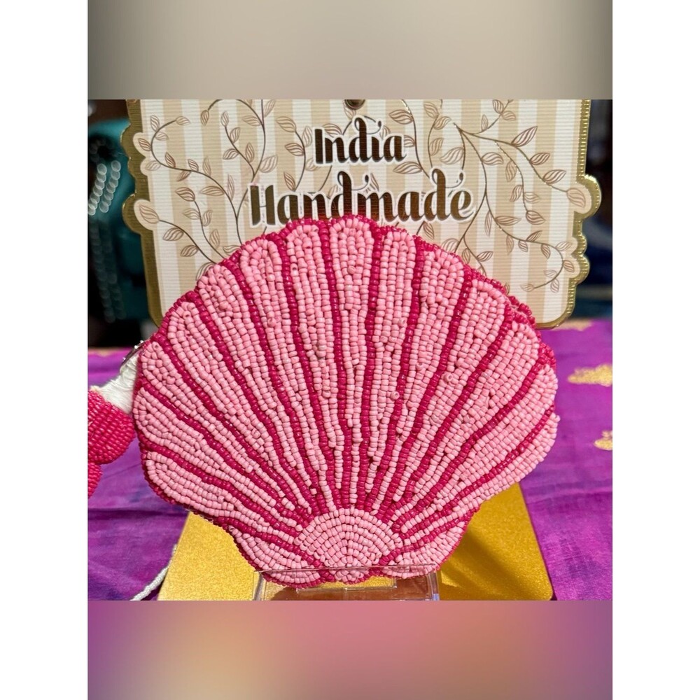 NWT India Handmade Beaded Pink Seashell Pouch